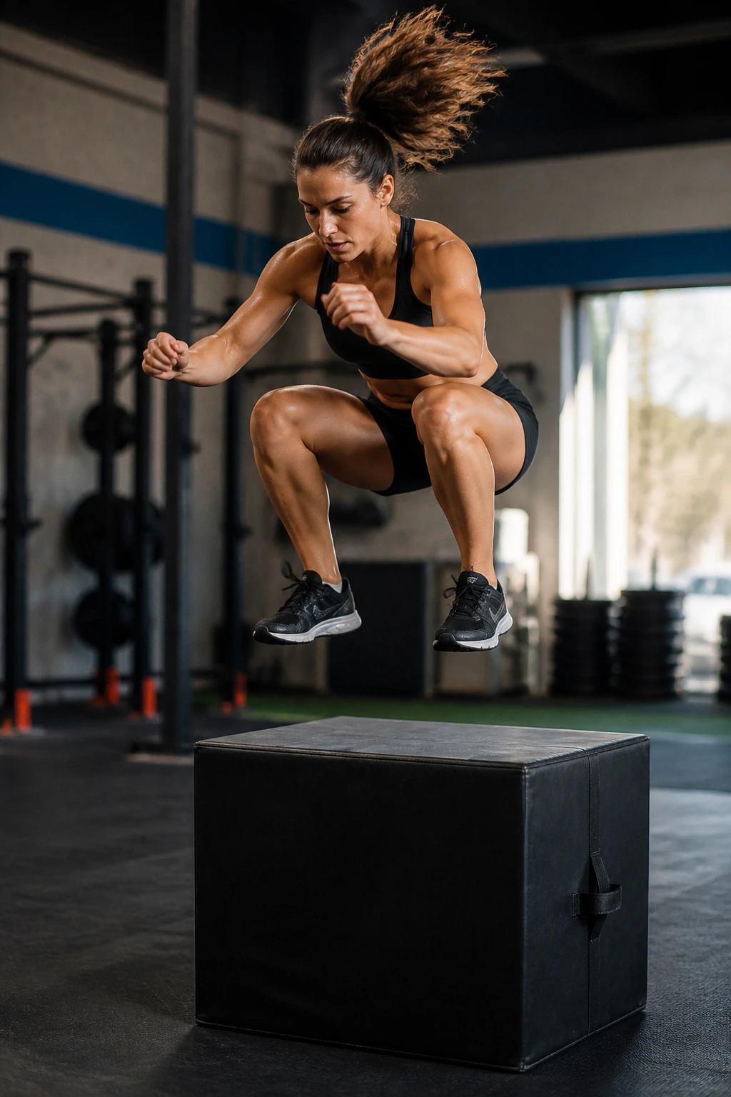 Mid-air box jump with athlete entering the box in gym