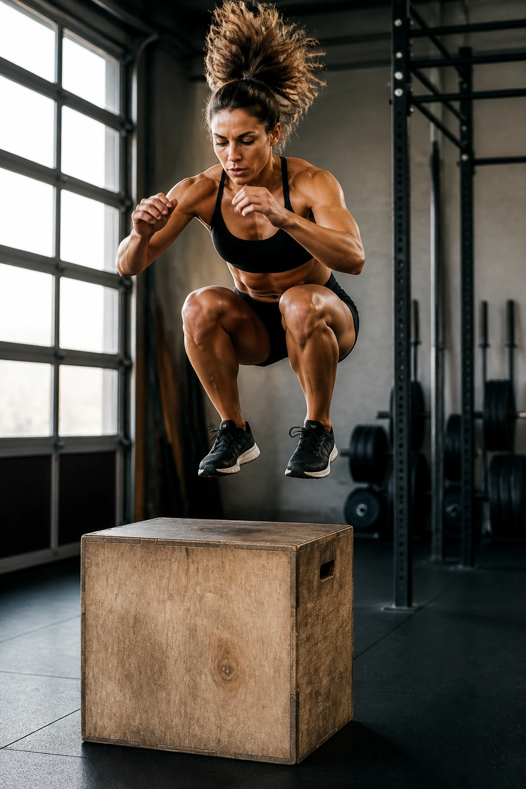 Full-body action shot of an athlete performing a box jump on a plyo box