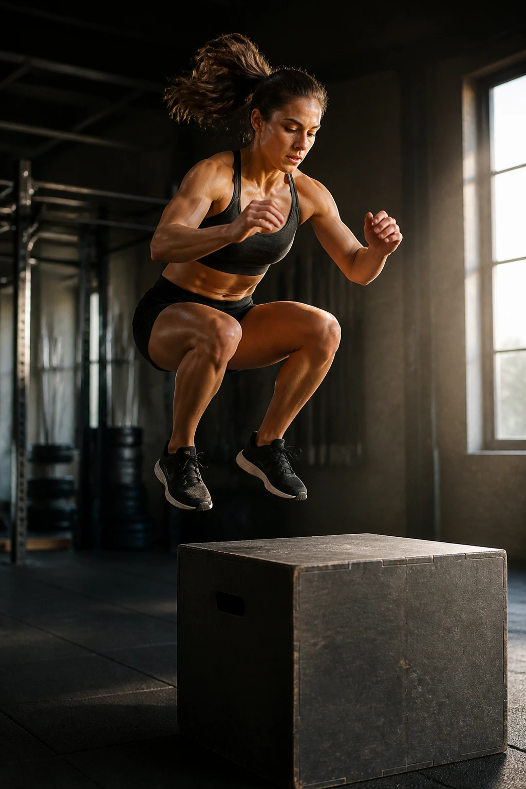 Athlete performing a box jump with a box visible in the frame in a gym