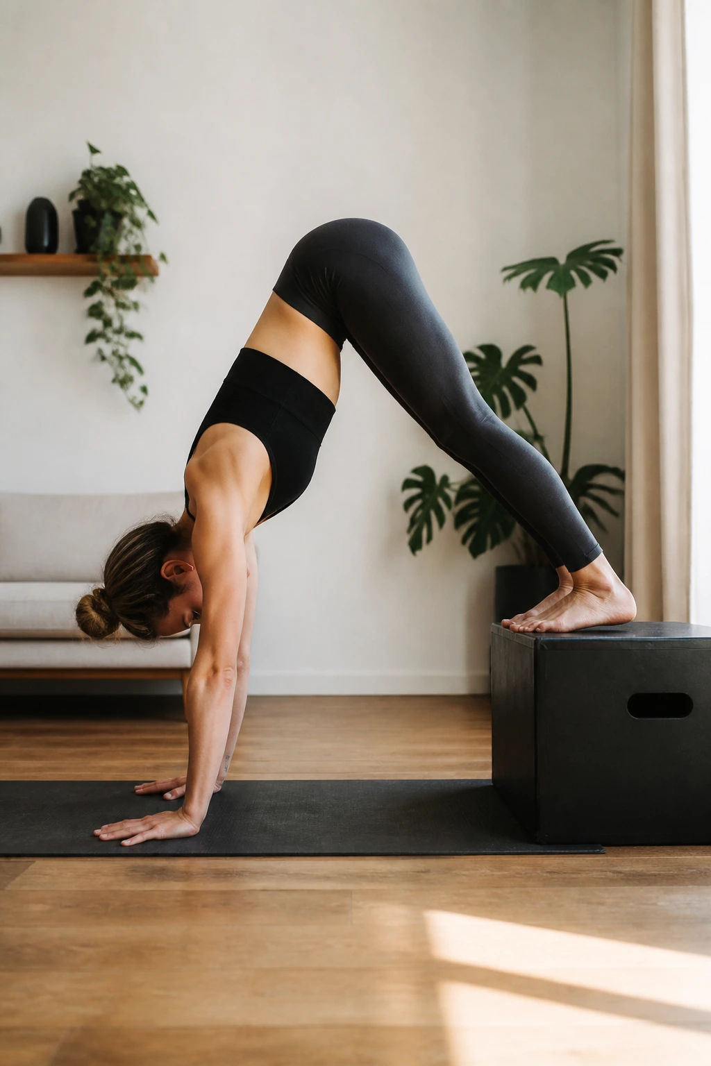 Person on a sturdy box performing Box Pike Handstand in a living room setting