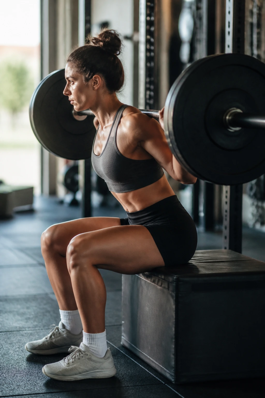 Lifter performing a box squat with controlled descent to a box