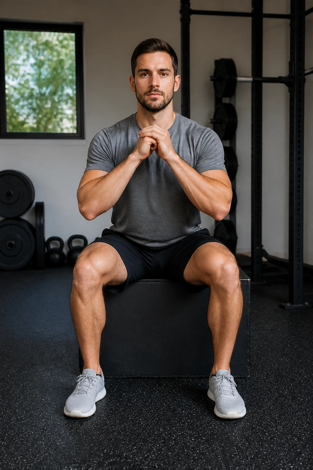 Real person performing box squats with pause on a box in gym