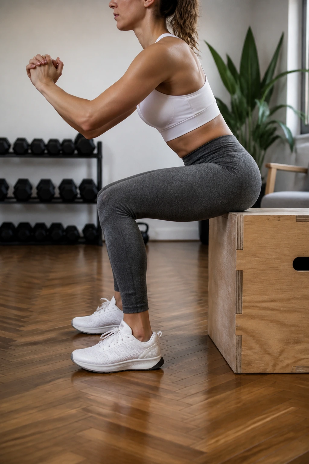 Person performing box squat with hips reaching back toward box