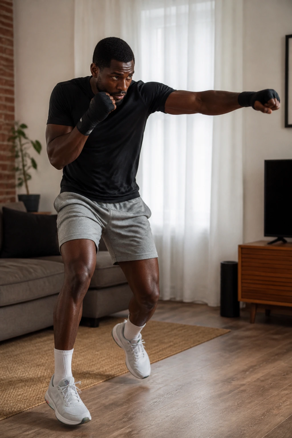 Boxer performing quick shuffle punches in a living room