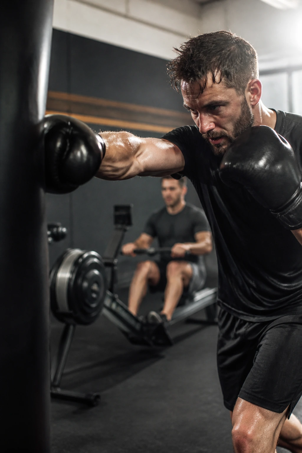 Athlete punching a heavy bag with a rower in the background