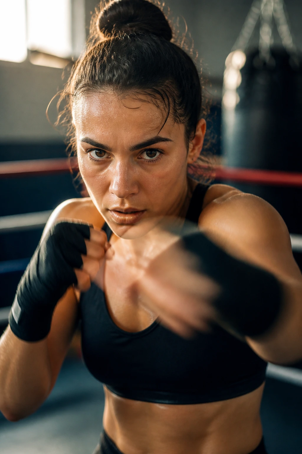 Close-up of a female boxer showing fast hands and small steps in a gym setting.