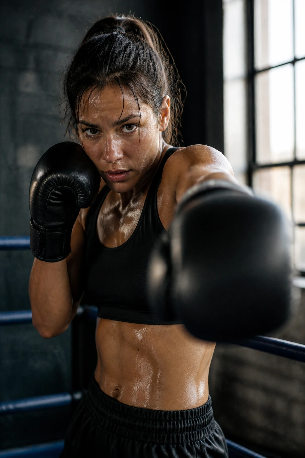Portrait of a woman boxer delivering a fast straight punch in a gym.