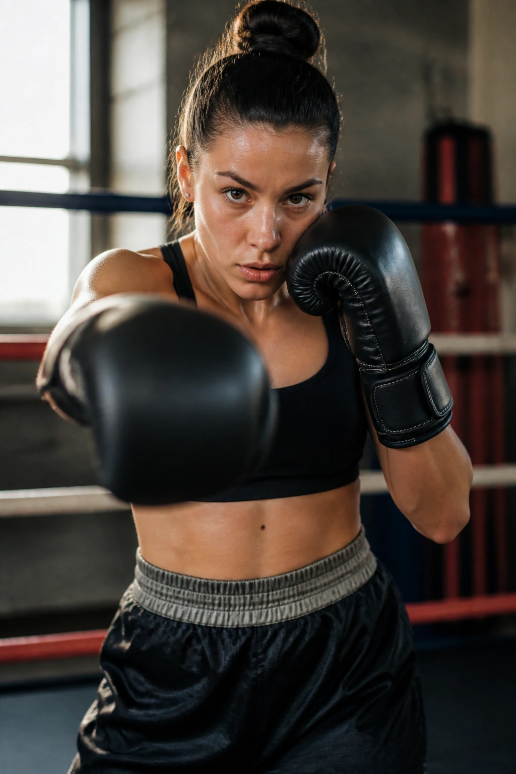 Close-up of a female boxer performing a one-to-four punch ladder in a gym.