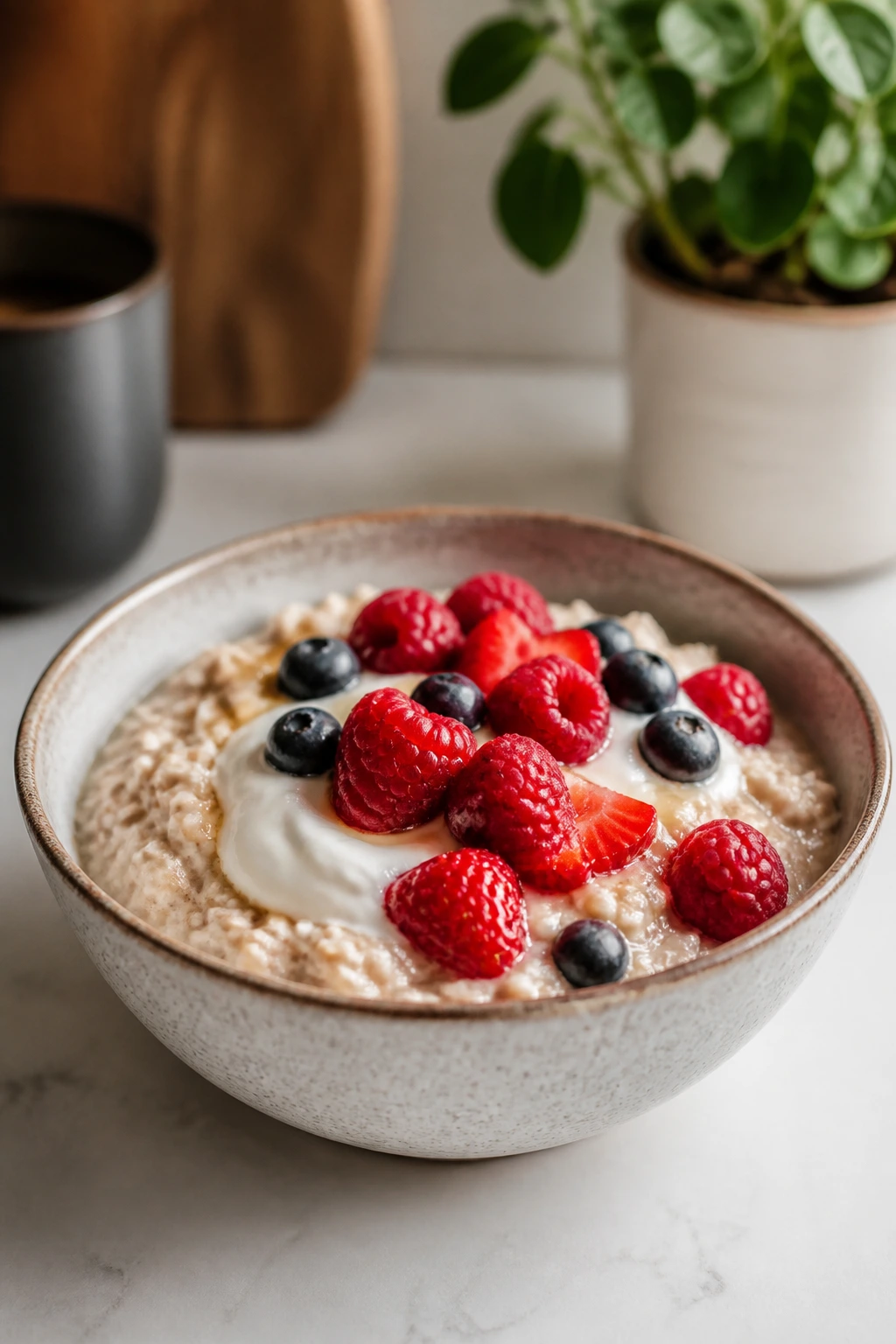 Close-up of a oats, yogurt, and berries breakfast bowl on a kitchen counter representing a repeatable default day