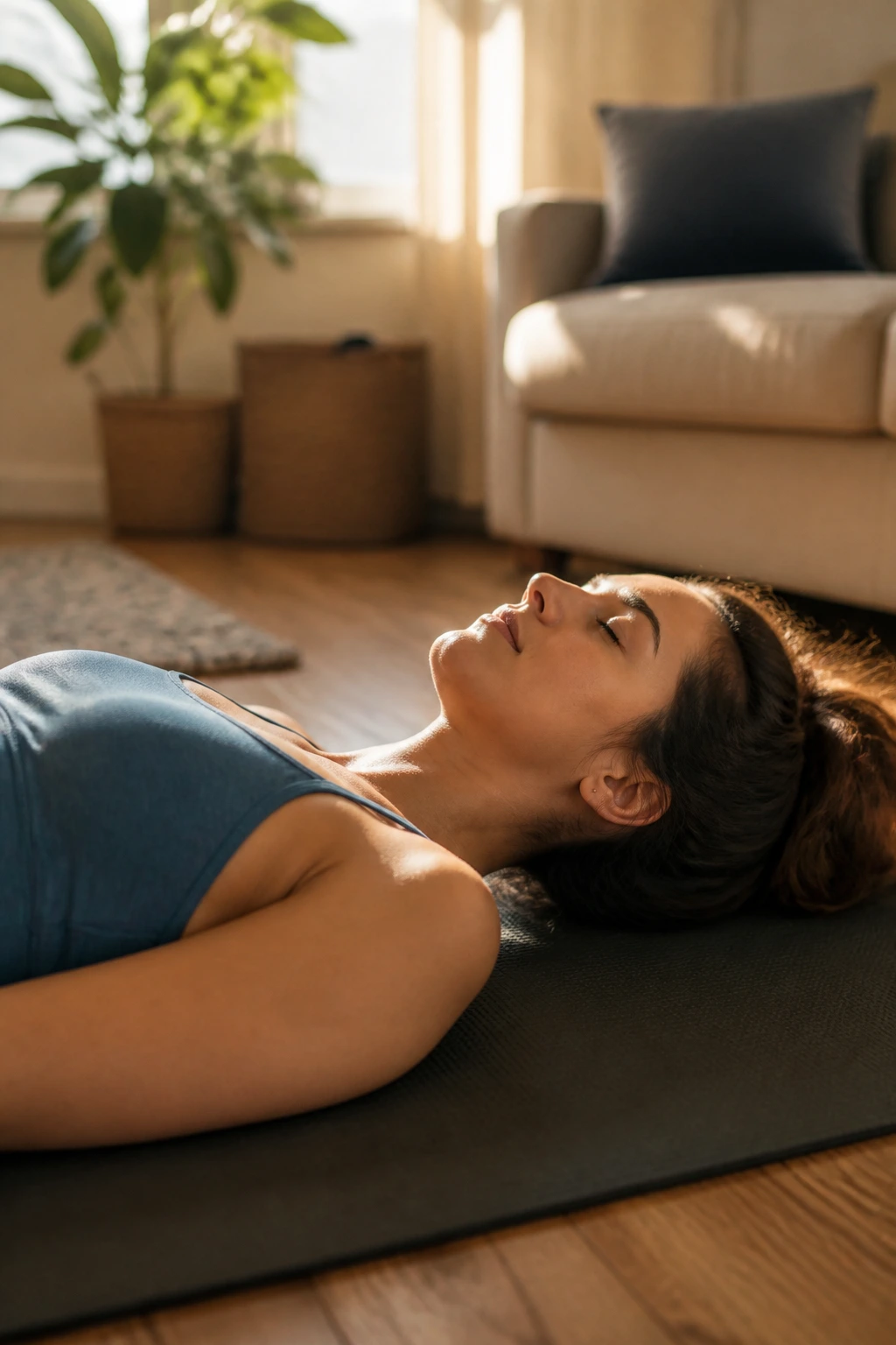 Close-up of a person lying on their back with eyes closed, practicing breath-led reset in a cozy home setting