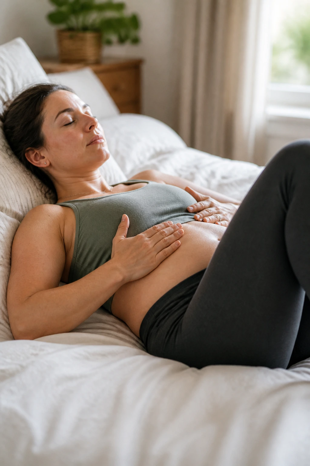 Postpartum woman performing diaphragmatic breathing on bed, chest and belly expanding.