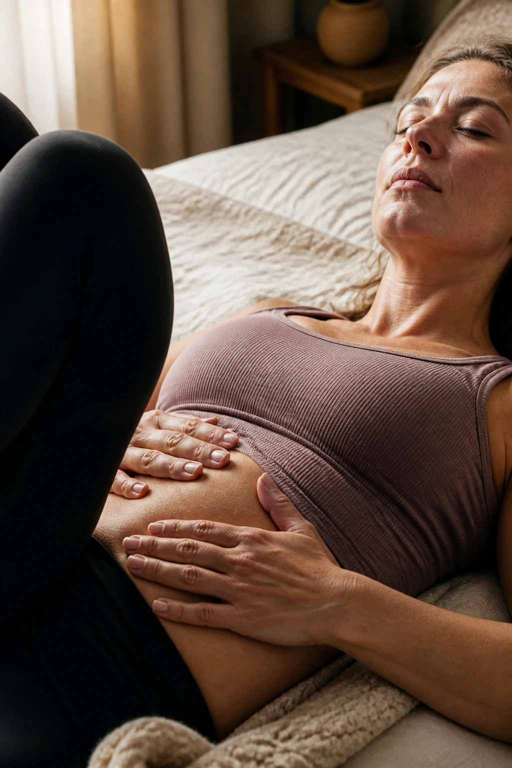 Close-up of a person practicing a gentle 5-minute breathing reset on a cozy bedside.