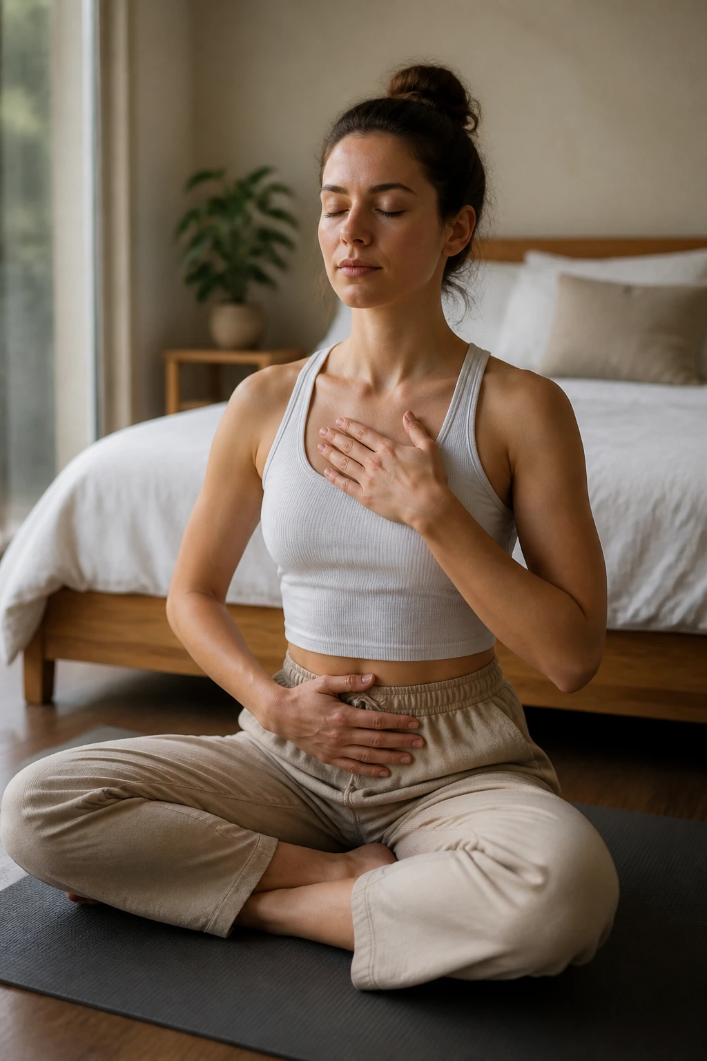 Person practicing long-exhale breathing in a calm room
