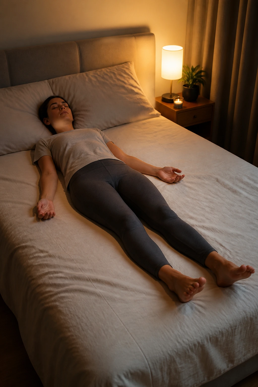 Real person lying relaxed after breathwork with arms at sides