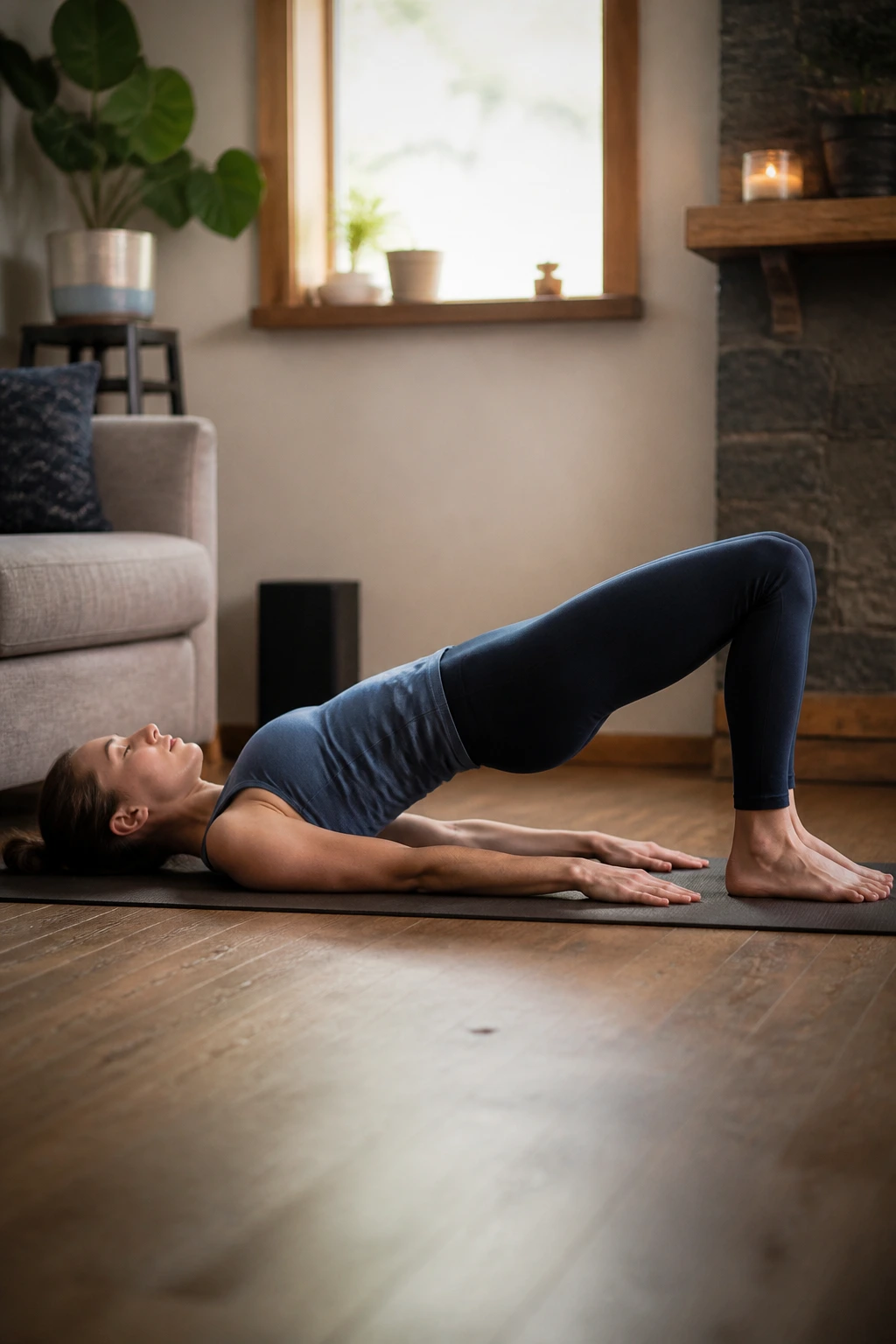 Real person performing bridge pose on a yoga mat in a cozy home setting