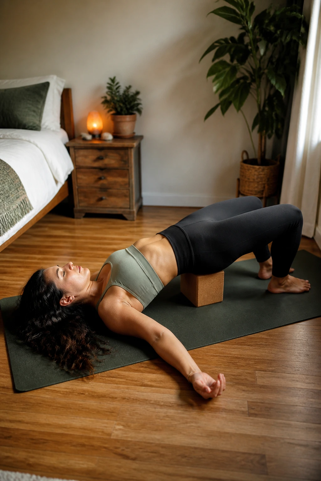 Person in supported bridge pose with sacrum elevated on a block
