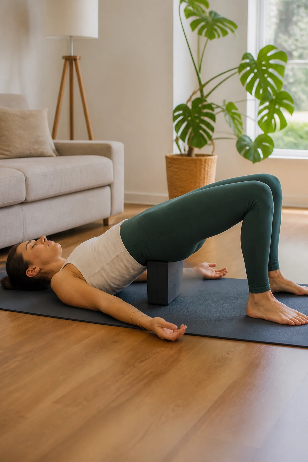 Person performing Bridge Pose with Hip Variation on a mat with sacrum support block