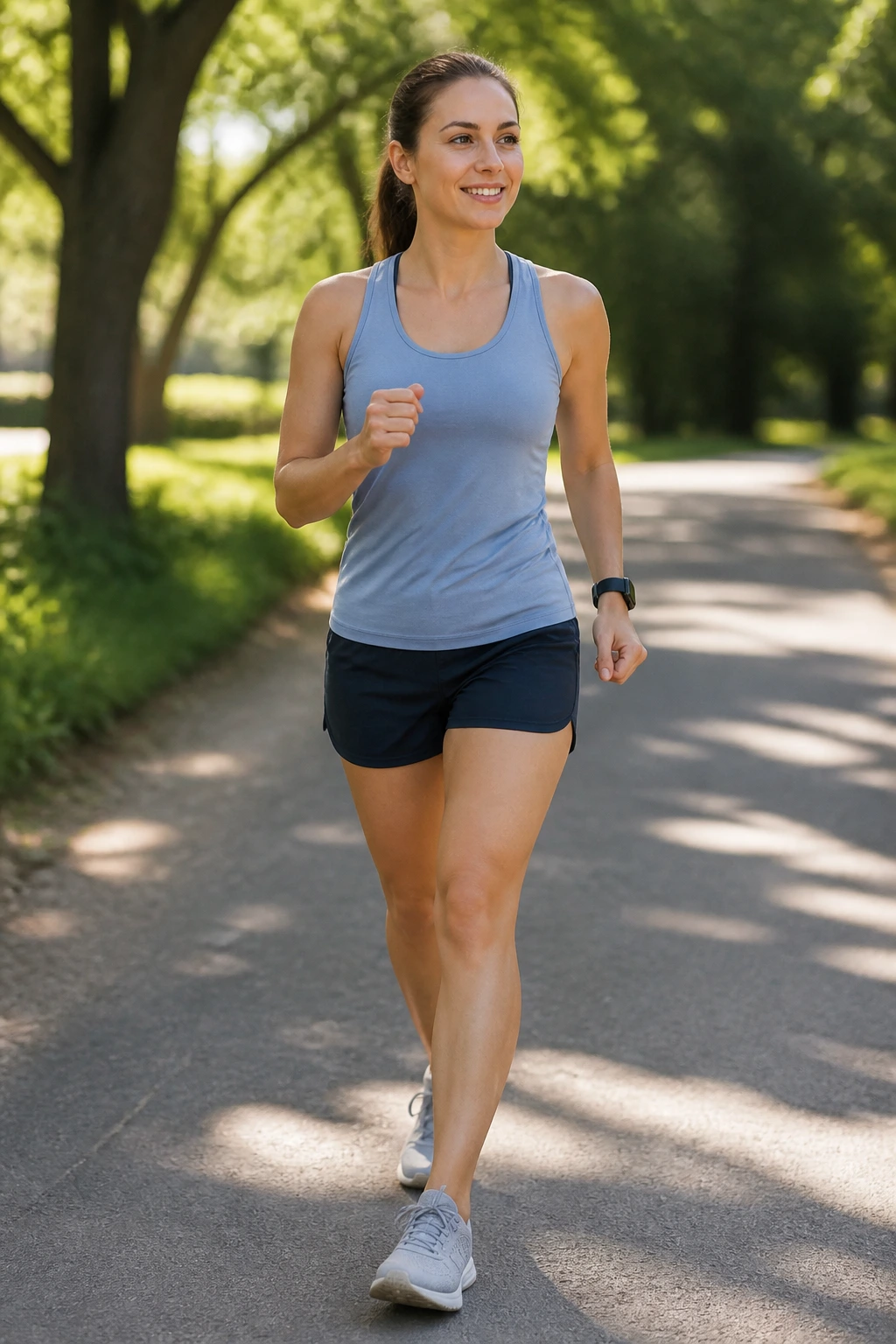 Woman walking briskly along a sunlit park path