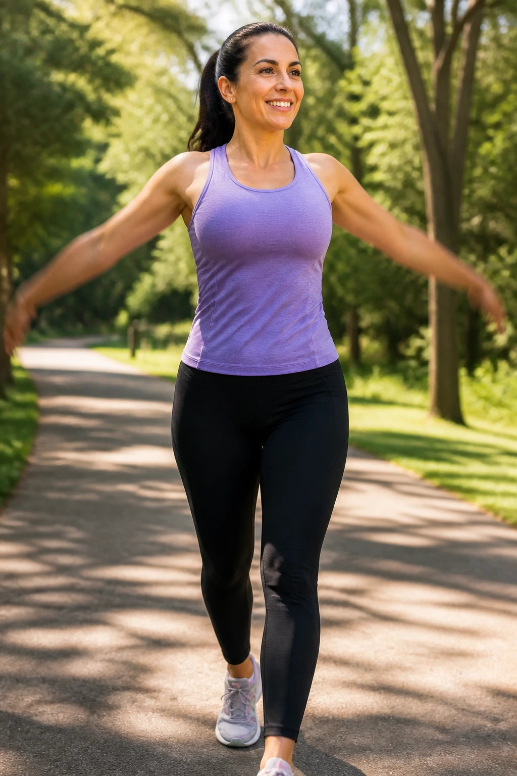 Medium close-up of a person doing brisk walking with arm circles in a park