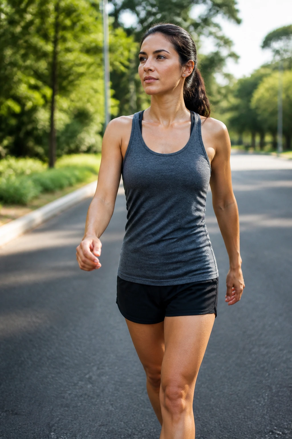 Close-up portrait of a real person brisk walking on a sunlit road for cardio