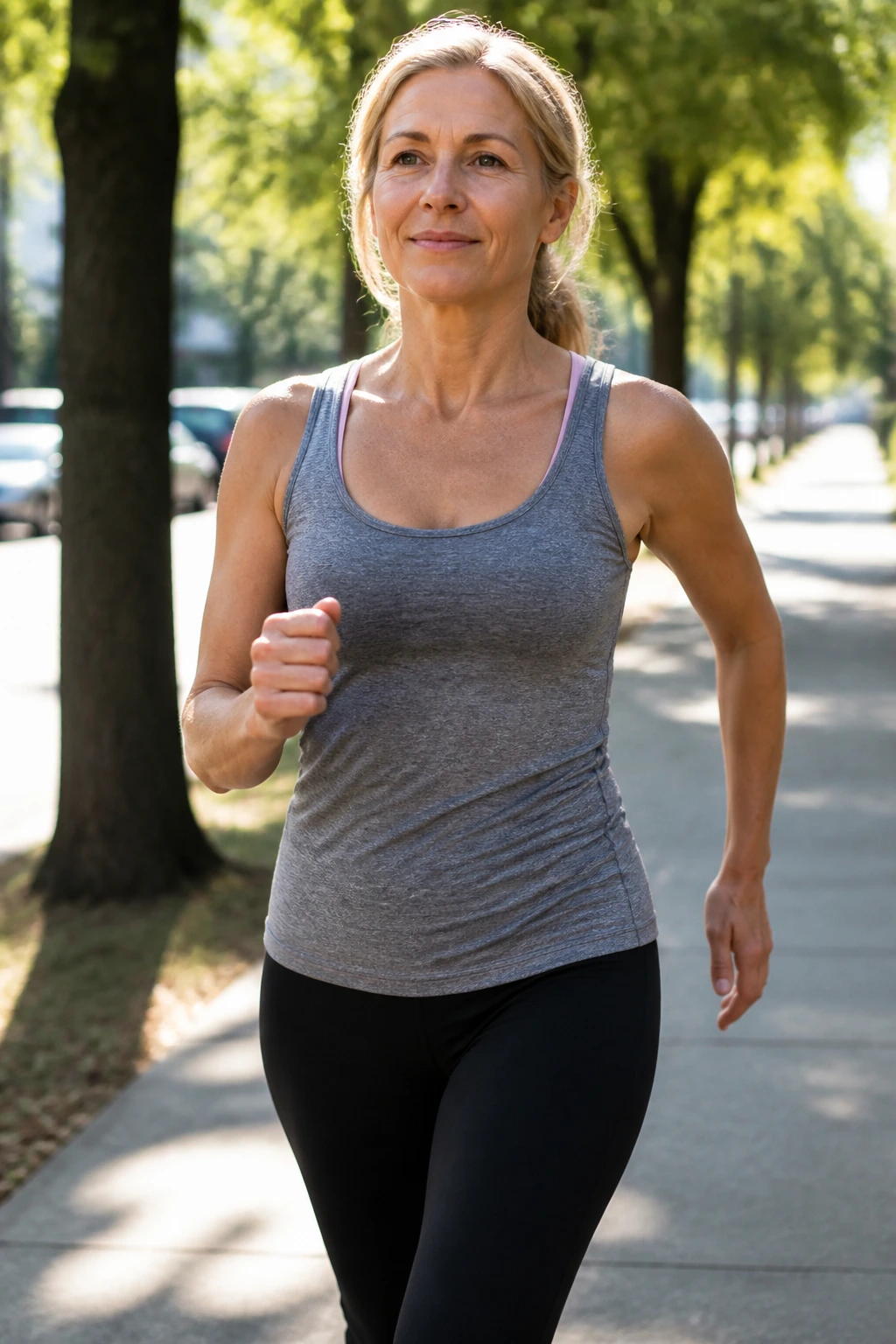 Real woman walking briskly outdoors on a sidewalk during daytime; beginner interval training
