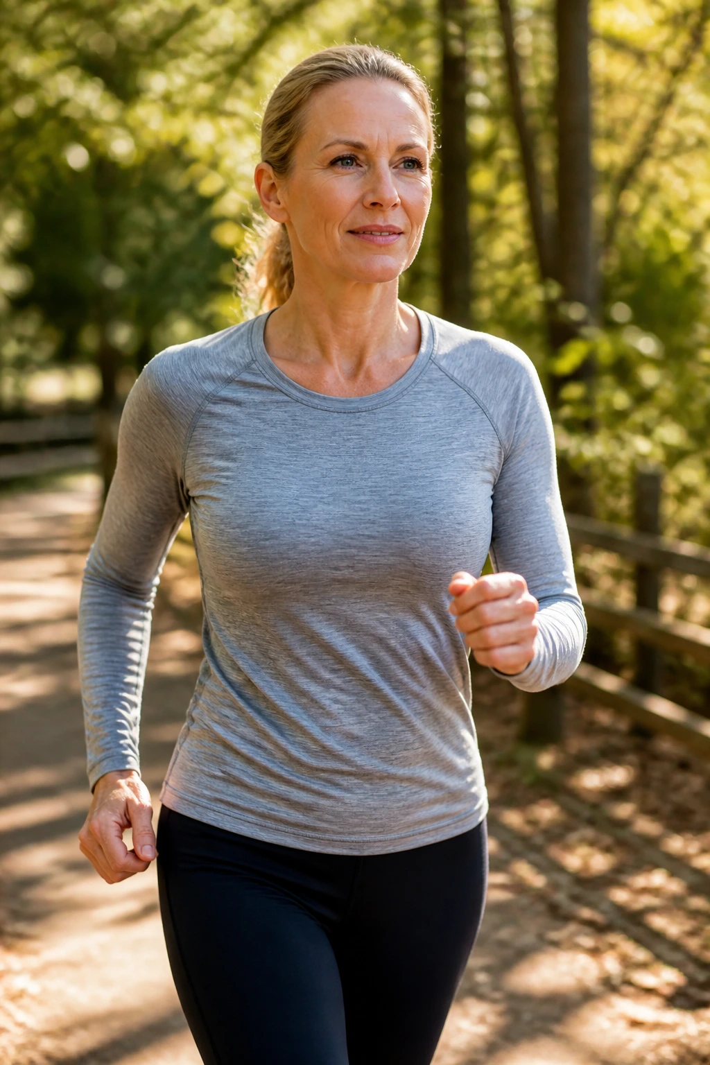 Close-up of a person brisk-walking in a sunlit park