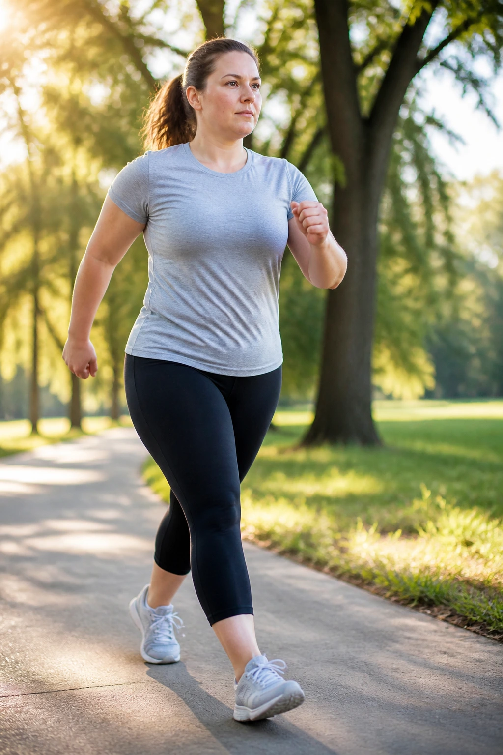 Person brisk-walking on a sunlit park path