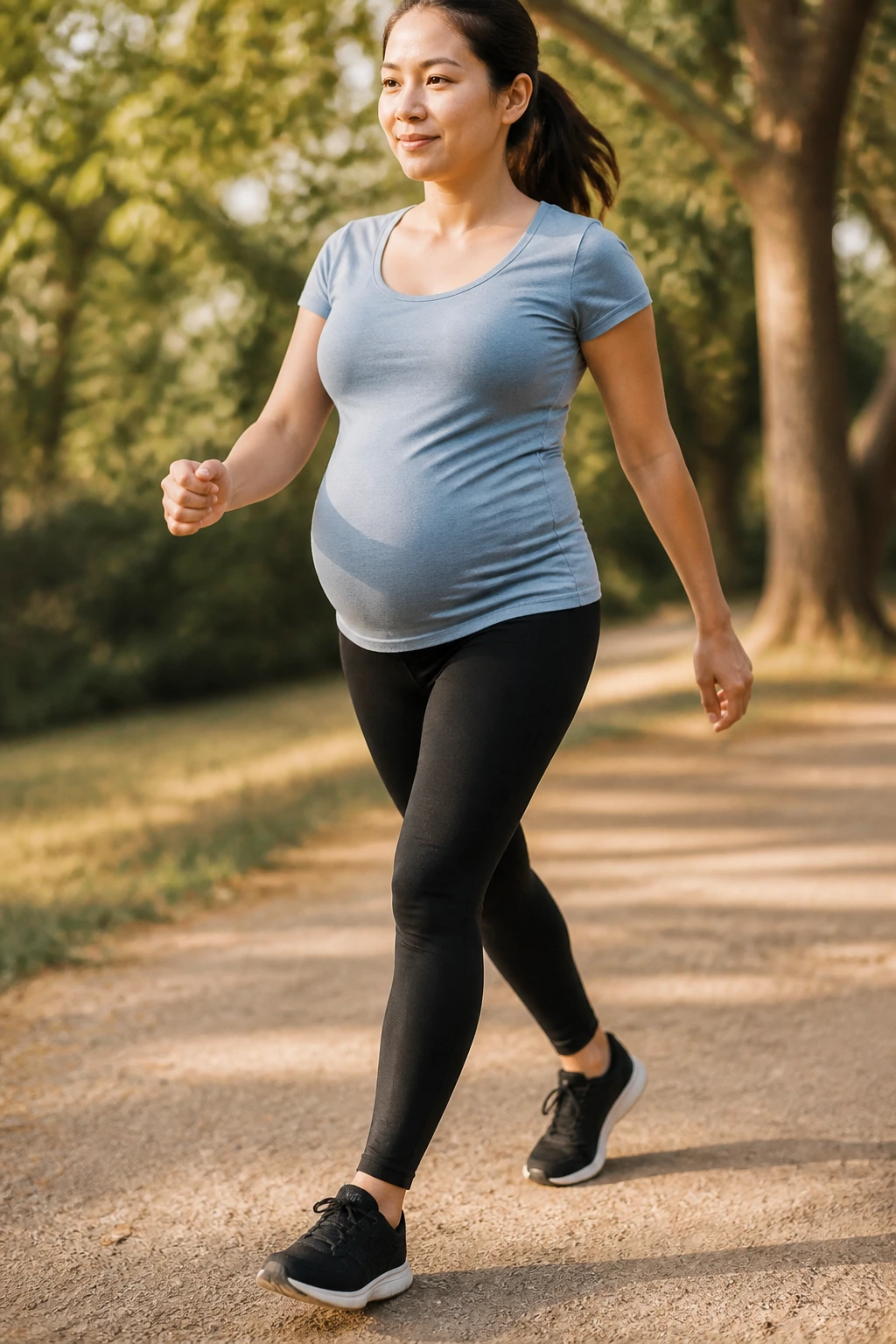 Pregnant woman brisk walking outdoors, mid-stride on a park path