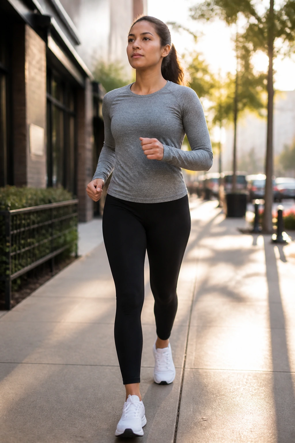Medium close-up of a real person brisk-walking on a sunlit city sidewalk for active recovery