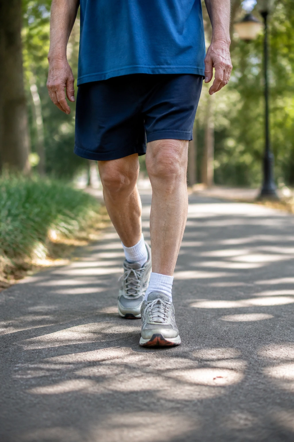 Close-up of a senior's legs and feet walking briskly on a park path