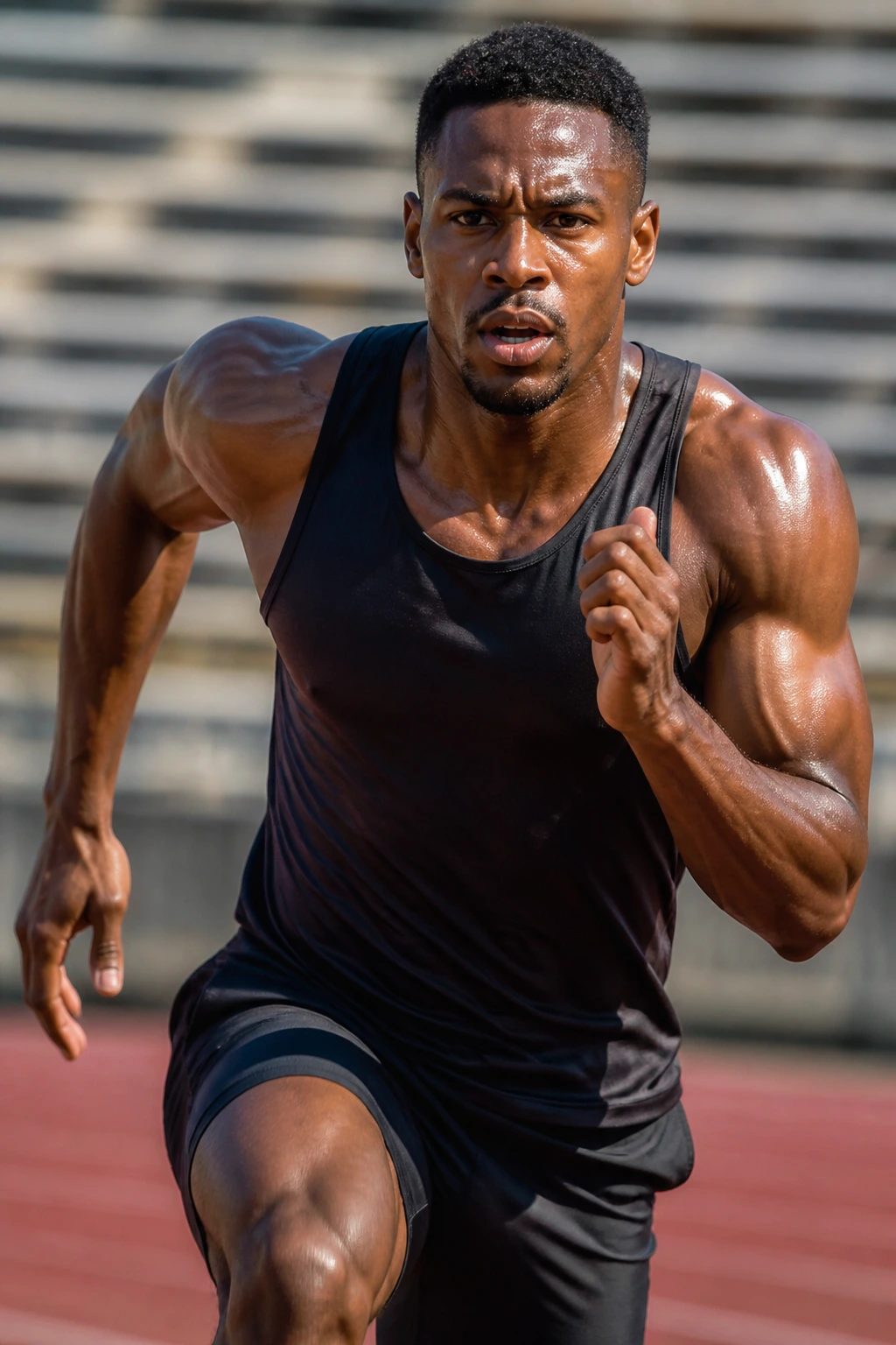 Runner on track sprinting with focused expression, representing race rhythm