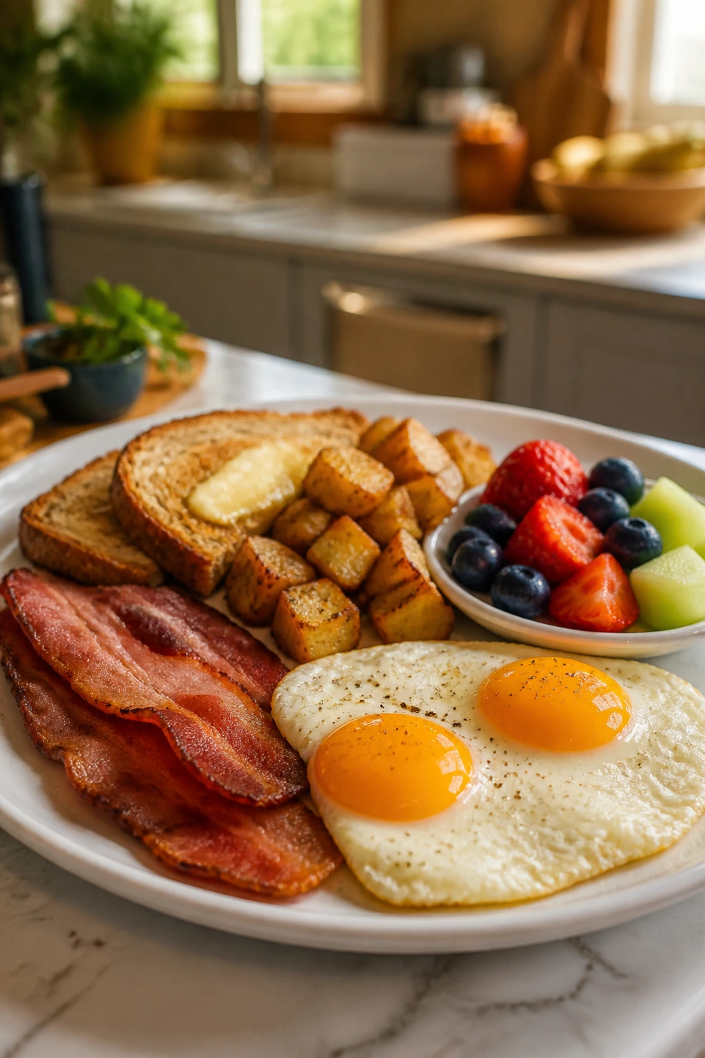 Brunch plate with eggs, turkey bacon, toast, potatoes, and fruit