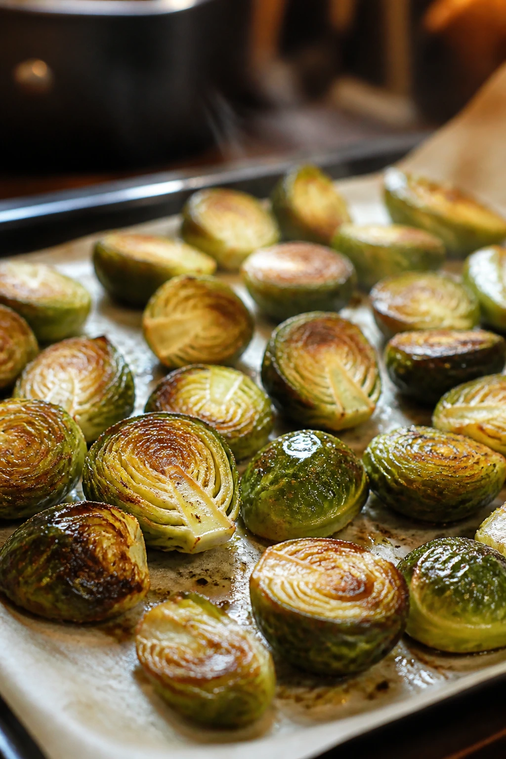 Roasted Brussels sprouts with caramelized edges on a baking sheet