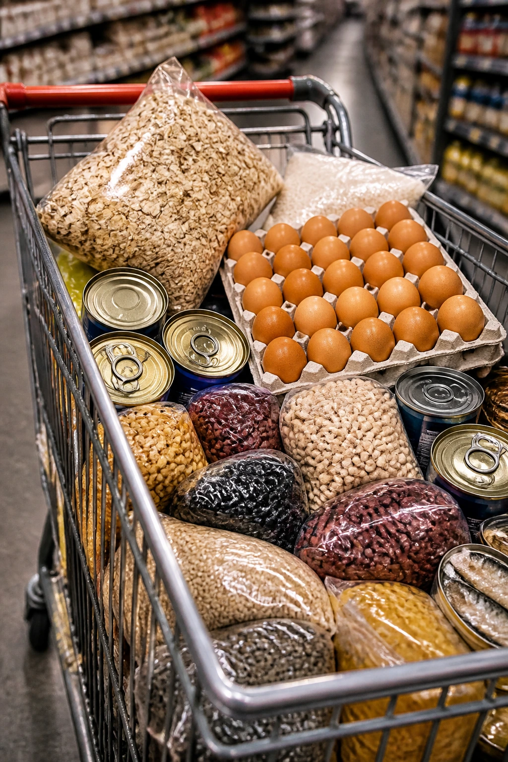 Grocery cart filled with oats, rice, eggs, and beans in store