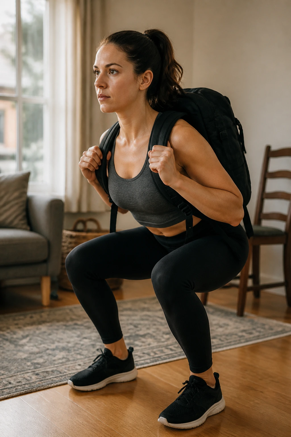 Person performing backpack squat in home living room