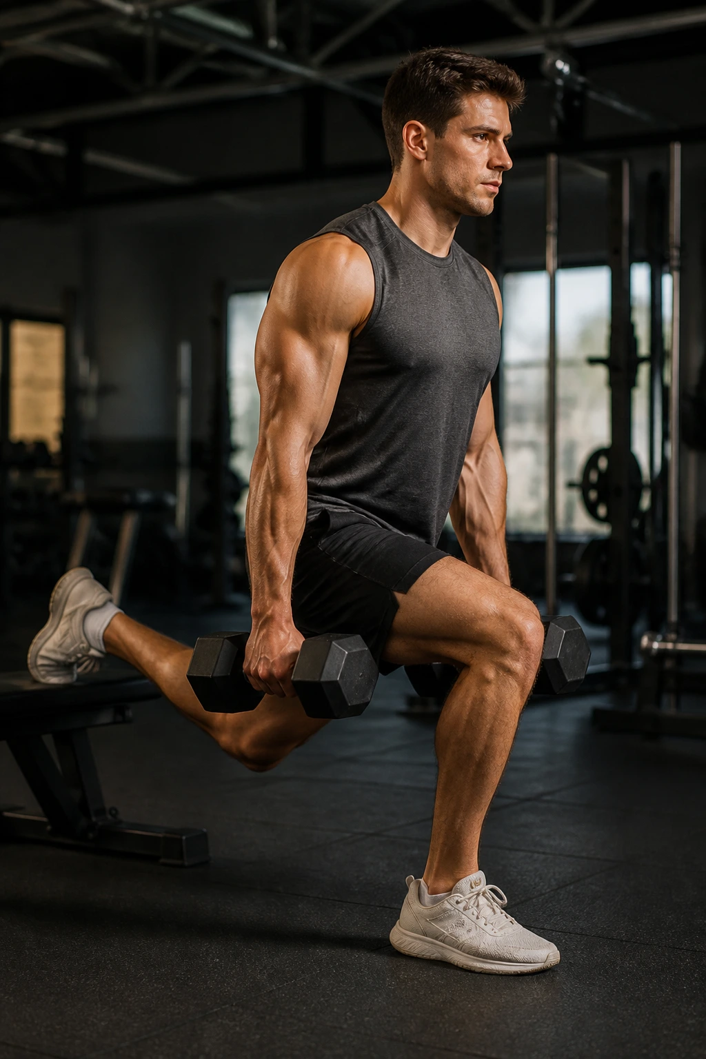 Lifter in Bulgarian split squat transitioning to bodyweight pulses in gym