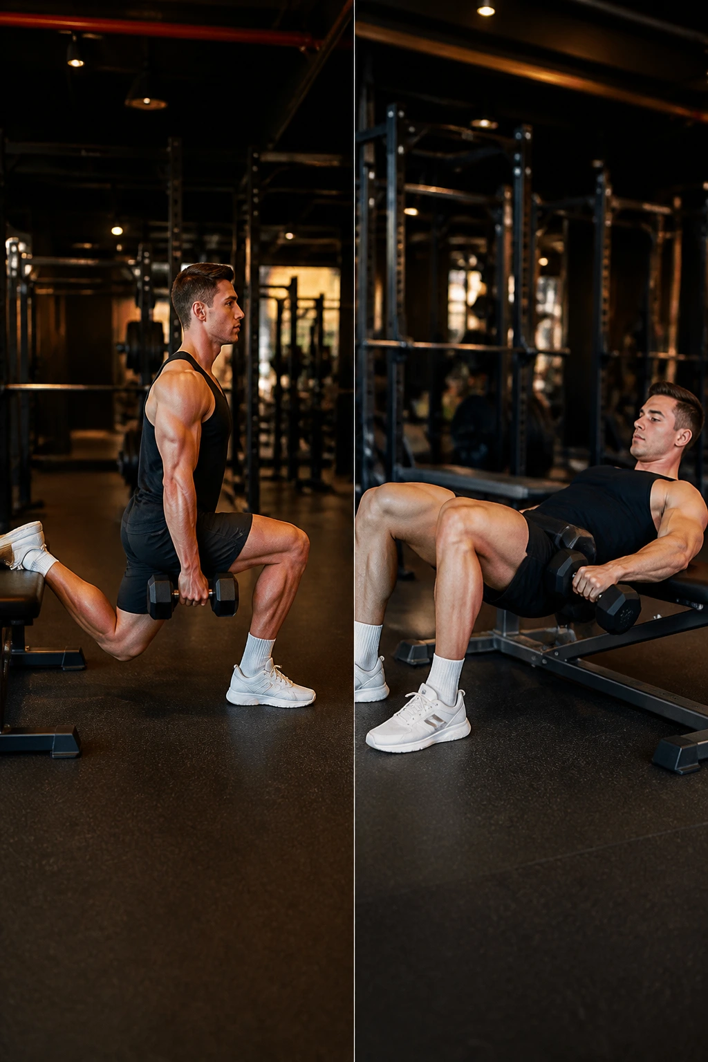 Split-screen Bulgarian split squat and dumbbell hip thrust performed by a real person