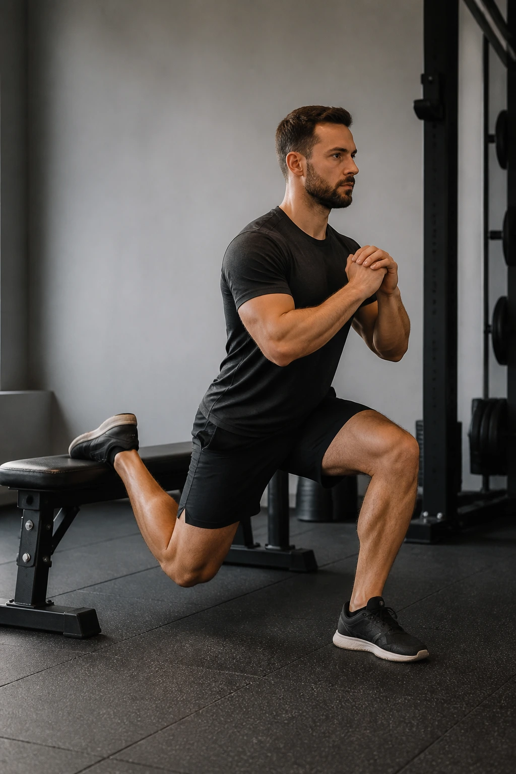 Real person performing a Bulgarian split squat with rear foot on bench