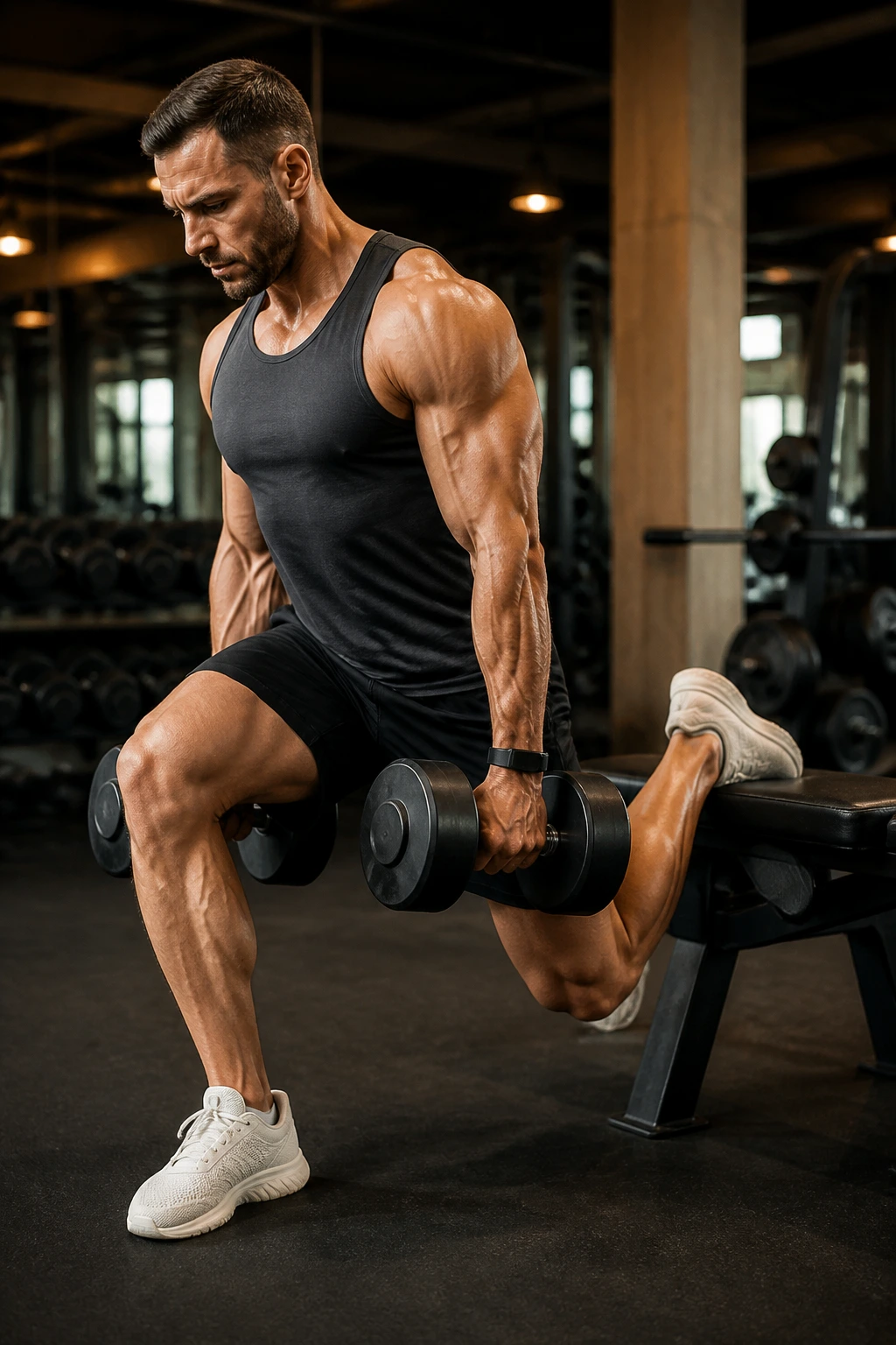 Real athlete performing heavy Bulgarian split squat in gym, front knee over toe