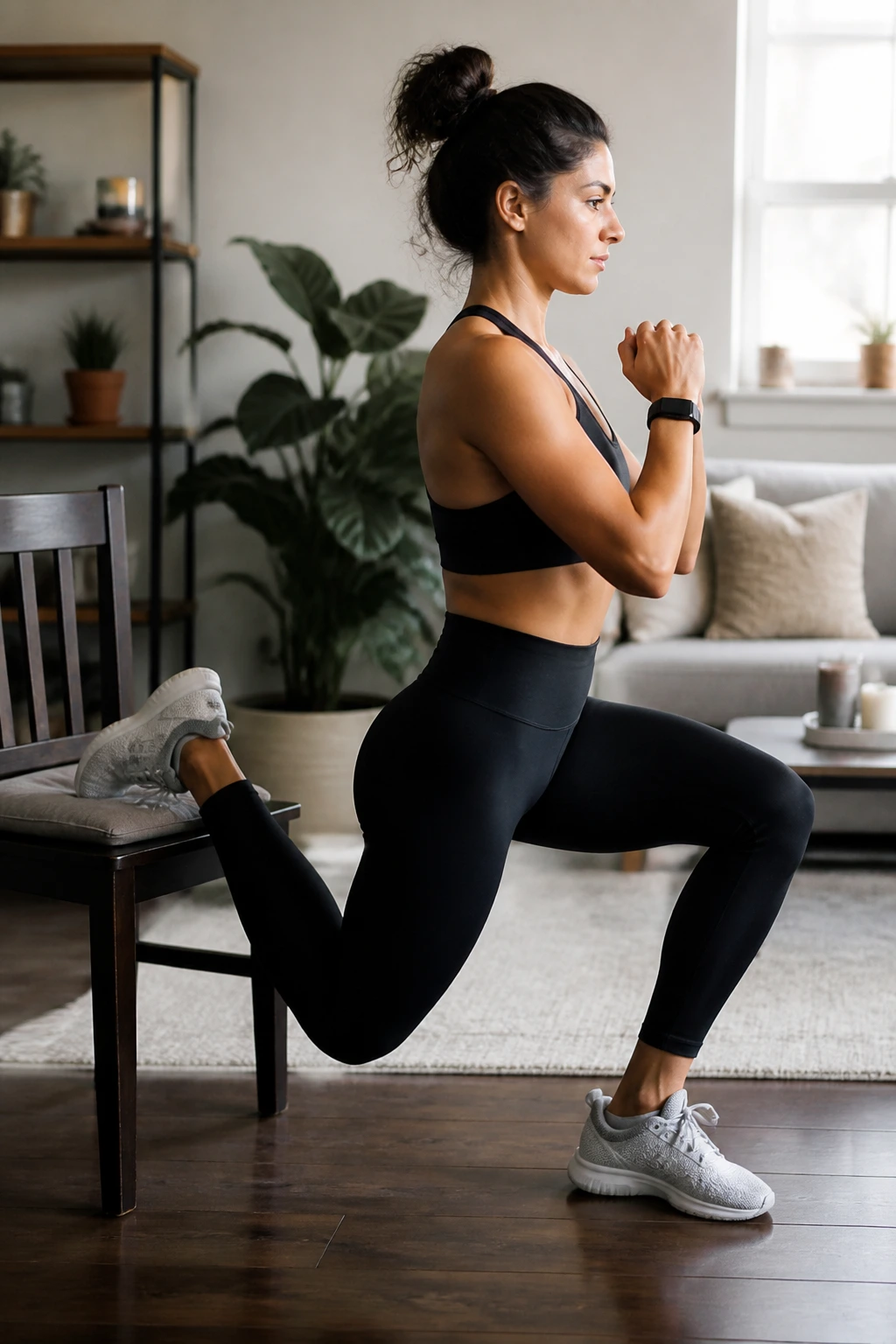 Side view of a person doing a Bulgarian split squat with rear foot on a chair