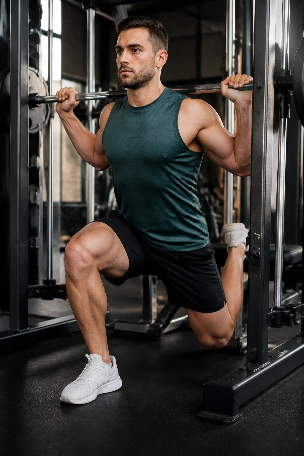 Medium close-up of lifter performing Bulgarian split squat on Smith machine with bench behind