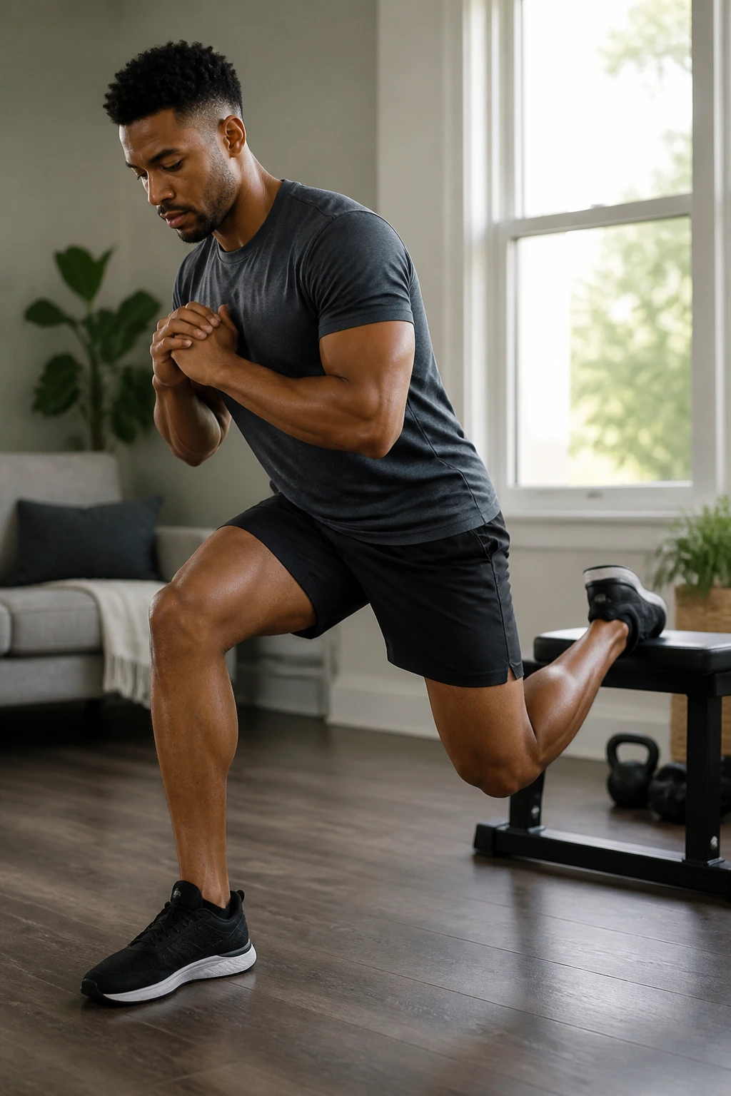 Medium close-up of a Bulgarian split squat with rear foot on a bench and front knee over toes.