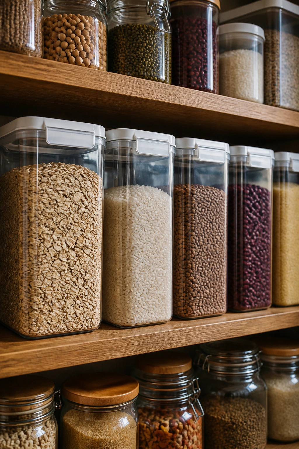 Pantry shelf filled with bulk staple foods