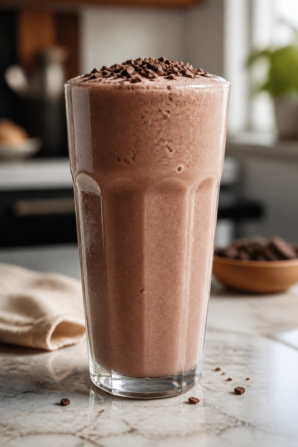 Glass of creamy shake on a kitchen counter ready to boost calories