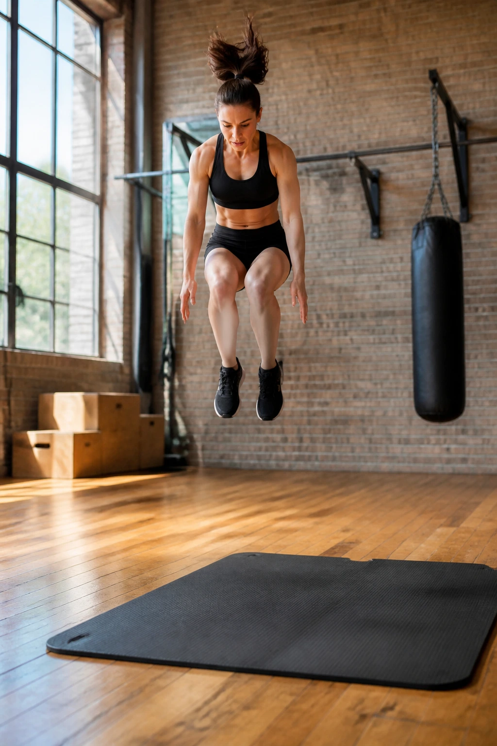 Person performing burpee during EMOM workout in gym