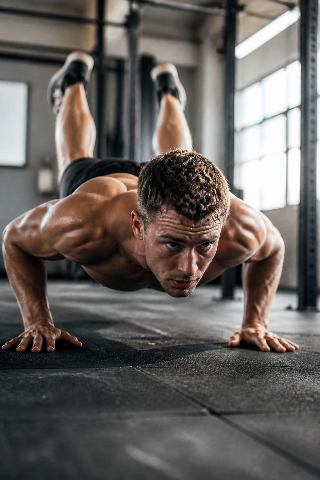 Medium close-up of a fit athlete performing a burpee during HIIT in a gym