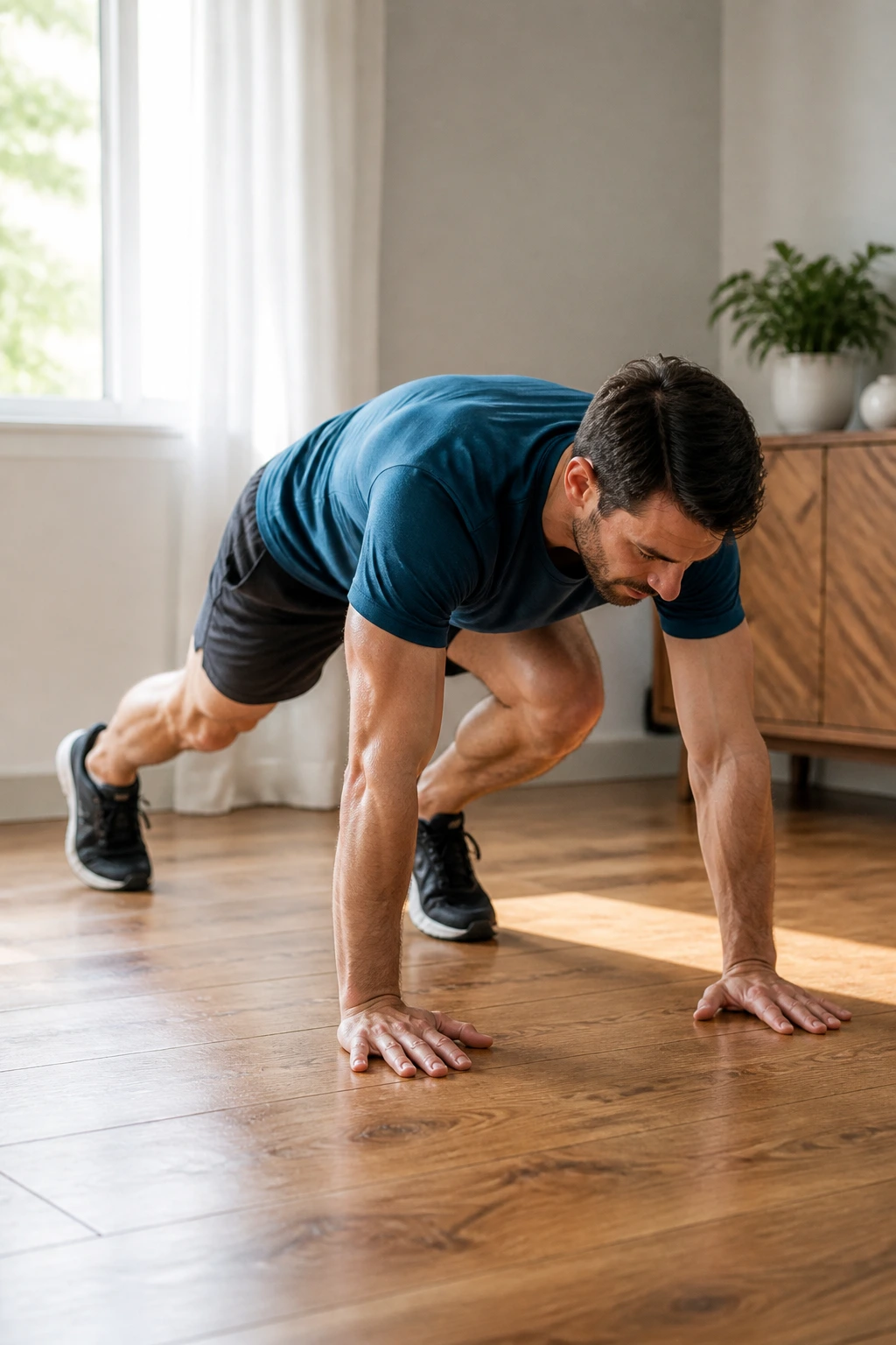 Person performing burpee-lite movement indoors on a clean wooden floor