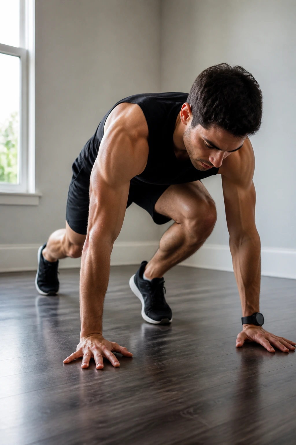 Person performing burpee-lite motion in a home gym mid-transition.