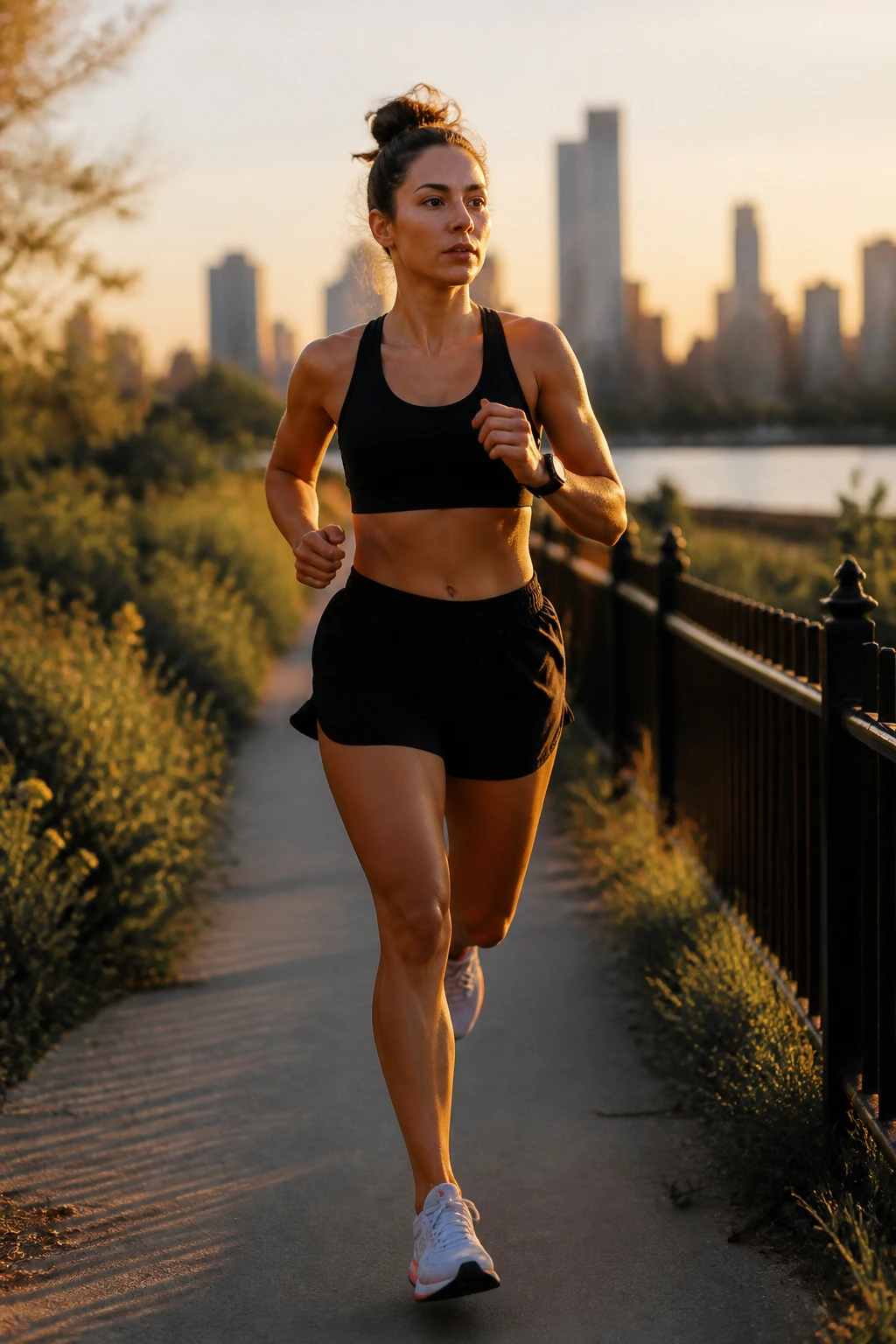 Runner on urban park path during a busy day