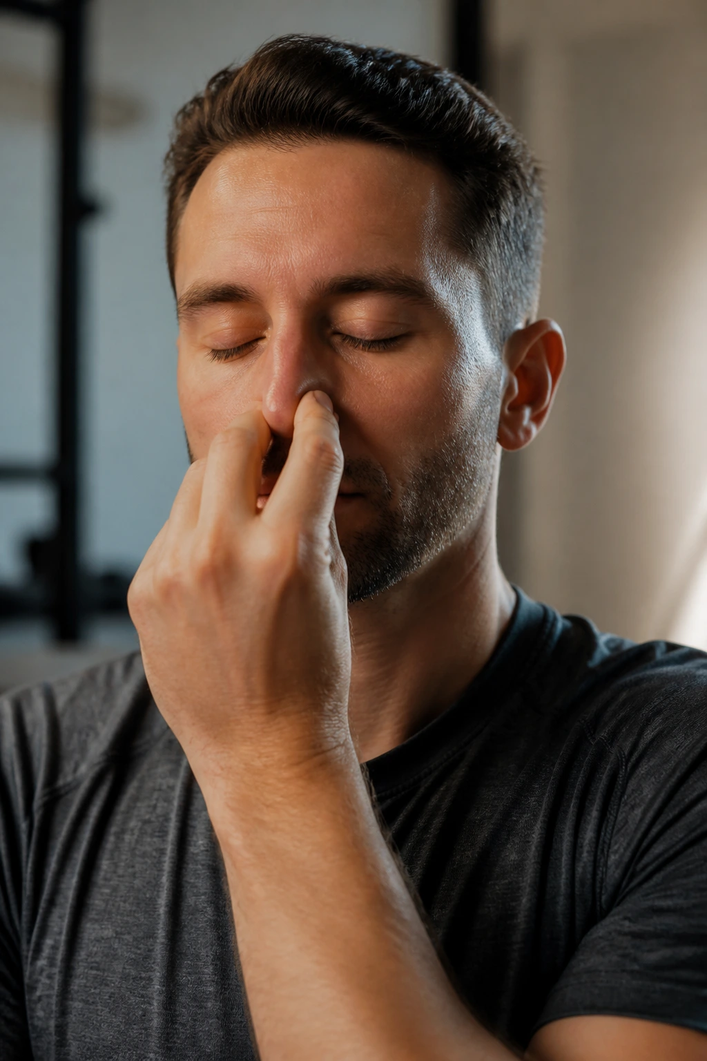 Close-up of person pinching nose demonstrating Buteyko control pause